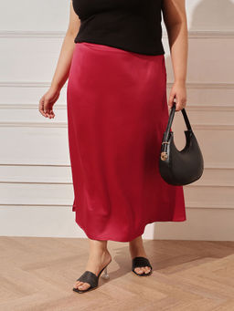 CURVY STREET - Red Polyester Mid Waist Solid/Plain Maxi Skirt