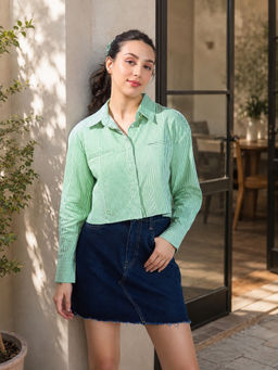 Virgio - Stripes Cotton Green-White Striped Shirt for Women