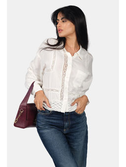 Virgio - Solid Viscose Lace Accent Overshirt for Women