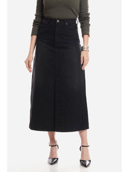 Virgio - Solid Cotton Denim Panelled Midi Skirt for Woman