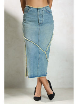 Virgio - Solid Cotton Denim Midi Slit Raw Edge Skirt for Woman