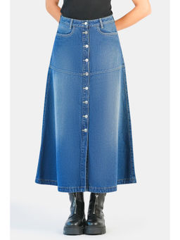 Virgio - Solid Cotton Denim A-Line Midi Skirt for Woman