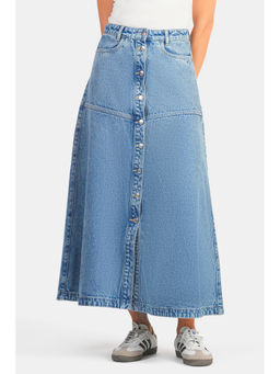 Virgio - Solid Cotton Denim A-Line Midi Skirt for Woman