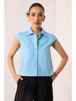 Virgio - Solid Cotton Blue Shirt with Cap Sleeve for Women