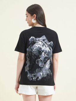 Beatnik - Women Black Bear Oversized Print T-Shirt