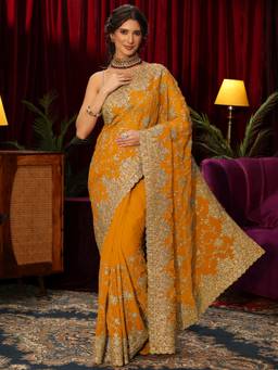 Libas Art - Mustard Floral Stone Work Embroidered Saree