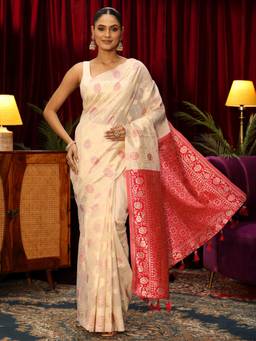 Libas - Beige Floral Woven Design Saree