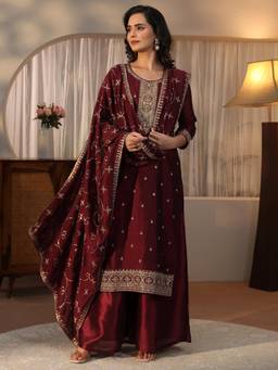 Libas - Maroon Embroidered Zari Kurta with Palazzo and Dupatta