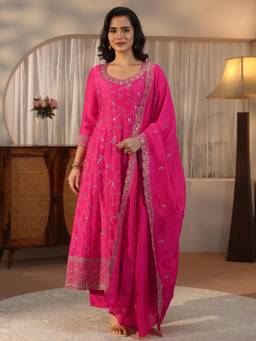 Libas - Pink Embroidered Sequined Anarkali Kurta with Pant and Dupatta