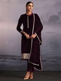 Libas - Wine Embroidered Sequined Kurta with Pant and Dupatta