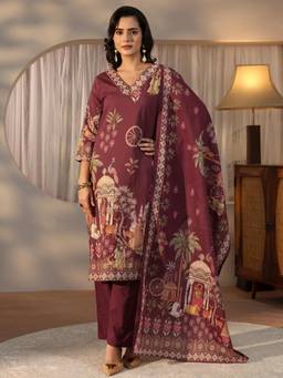 Libas - Maroon Floral Printed Kurta with Pant and Dupatta