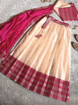 Libas - Cream-Pink Woven Semi Stitched Lehenga with Unstitched Choli and Dupatta