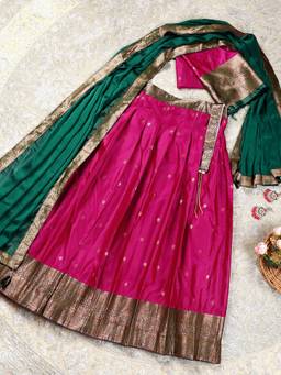 Libas - Pink Woven Semi Stitched Lehenga with Unstitched Choli and Dupatta