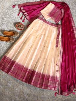 Libas - Cream-Pink Woven Semi Stitched Lehenga with Unstitched Choli and Dupatta