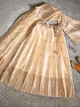 Libas - Cream Floral Woven Semi Stitched Lehenga with Unstitched Choli and Dupatta