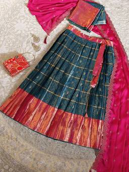 Libas - Teal Woven Zari Semi Stitched Lehenga with Unstitched Choli and Dupatta