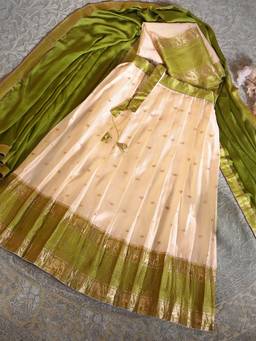 Libas - Cream-Olive Woven Semi Stitched Lehenga with Unstitched Choli and Dupatta