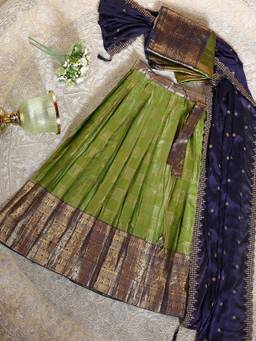Libas - Olive Woven Zari Semi Stitched Lehenga with Unstitched Choli and Dupatta