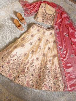 Libas Art - Cream Semi Stitched Lehenga with Unstitched Choli and Dupatta