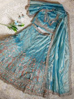 Libas Art - Sky Blue Semi Stitched Lehenga with Unstitched Choli and Dupatta