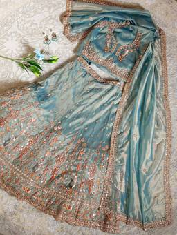 Libas Art - Turquoise Semi Stitched Lehenga with Unstitched Choli and Dupatta