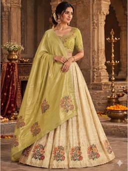 Libas Art - Gold-Green Semi Stitched Lehenga with Unstitched Choli and Dupatta