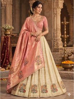 Libas Art - Gold-Coral Semi Stitched Lehenga with Unstitched Choli and Dupatta