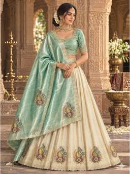 Libas Art - Gold-Green Semi Stitched Lehenga with Unstitched Choli and Dupatta