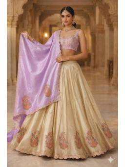 Libas Art - Gold-Lavender Semi Stitched Lehenga with Unstitched Choli and Dupatta
