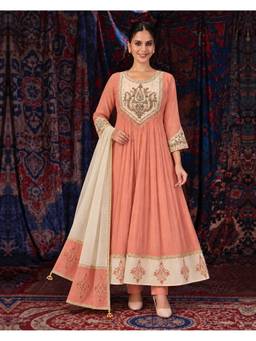 Seerat - Peach Embroidered Mirror Work Anarkali Kurta with Pant and Dupatta