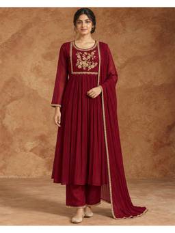 Seerat - Maroon Embroidered Hand Embroidery Anarkali Kurta with Pant and Dupatta