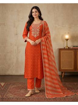 Seerat - Orange Floral Hand Embroidery Kurta with Pant and Dupatta