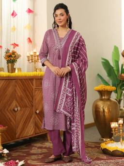 Rain & Rainbow - Purple Printed Bandhani Kurta with Pant and Dupatta