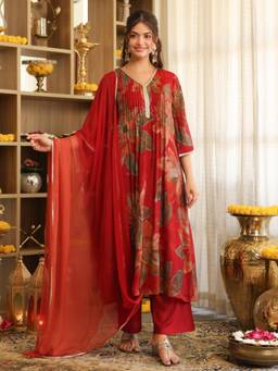 Rain & Rainbow - Red Floral Printed Kurta with Pant and Dupatta