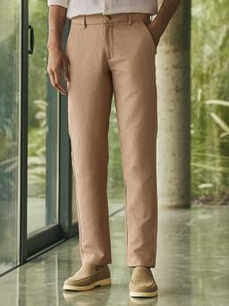 Andamen - Men Light Brown Cotton Linen Herringbone Textured Trouser