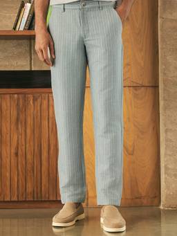 Andamen - Men Green Linen Cotton Stripes Trouser