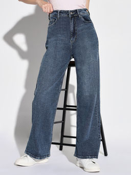 SHOWOFF - Women Navy Blue Wide Leg Denim Jeans