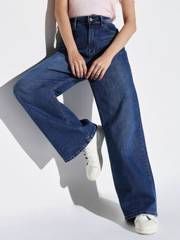 SHOWOFF - Women Navy Blue Wide Leg Denim Jeans