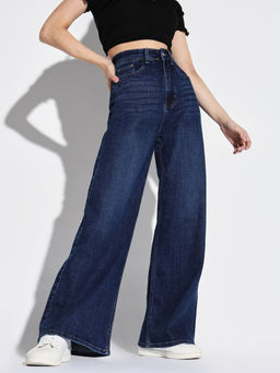 SHOWOFFFF - Women Navy Blue Wide Leg Denim Jeans