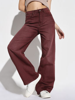 SHOWOFF - Women Maroon Wide Leg Denim Jeans