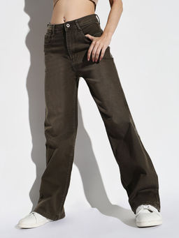 SHOWOFF - Women Olive Wide Leg Denim Jeans