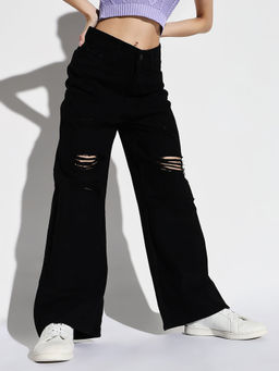 SHOWOFFFF - Women Black Wide Leg Denim Jeans