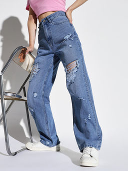 SHOWOFFFF - Women Blue Wide Leg Denim Jeans
