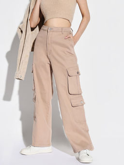SHOWOFF - Women Beige Wide Leg Denim Cargo Jeans