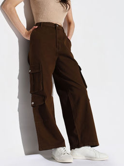 SHOWOFF - Women Brown Wide Leg Denim Cargo Jeans