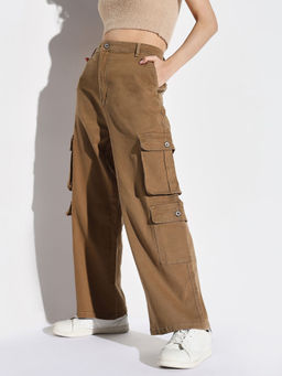 SHOWOFF - Women Khaki Wide Leg Denim Cargo Jeans