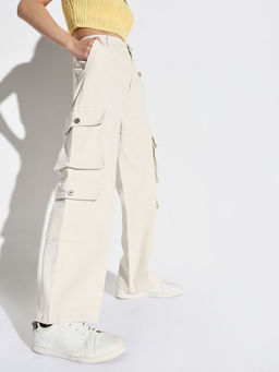 SHOWOFF - Women Off White Wide Leg Denim Cargo Jeans