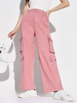 SHOWOFF - Women Pink Wide Leg Denim Cargo Jeans