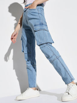 SHOWOFF - Women Blue Straight Fit Denim Cargo Jeans