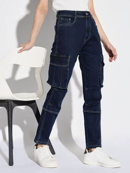 SHOWOFF - Women Navy Blue Straight Fit Denim Cargo Jeans